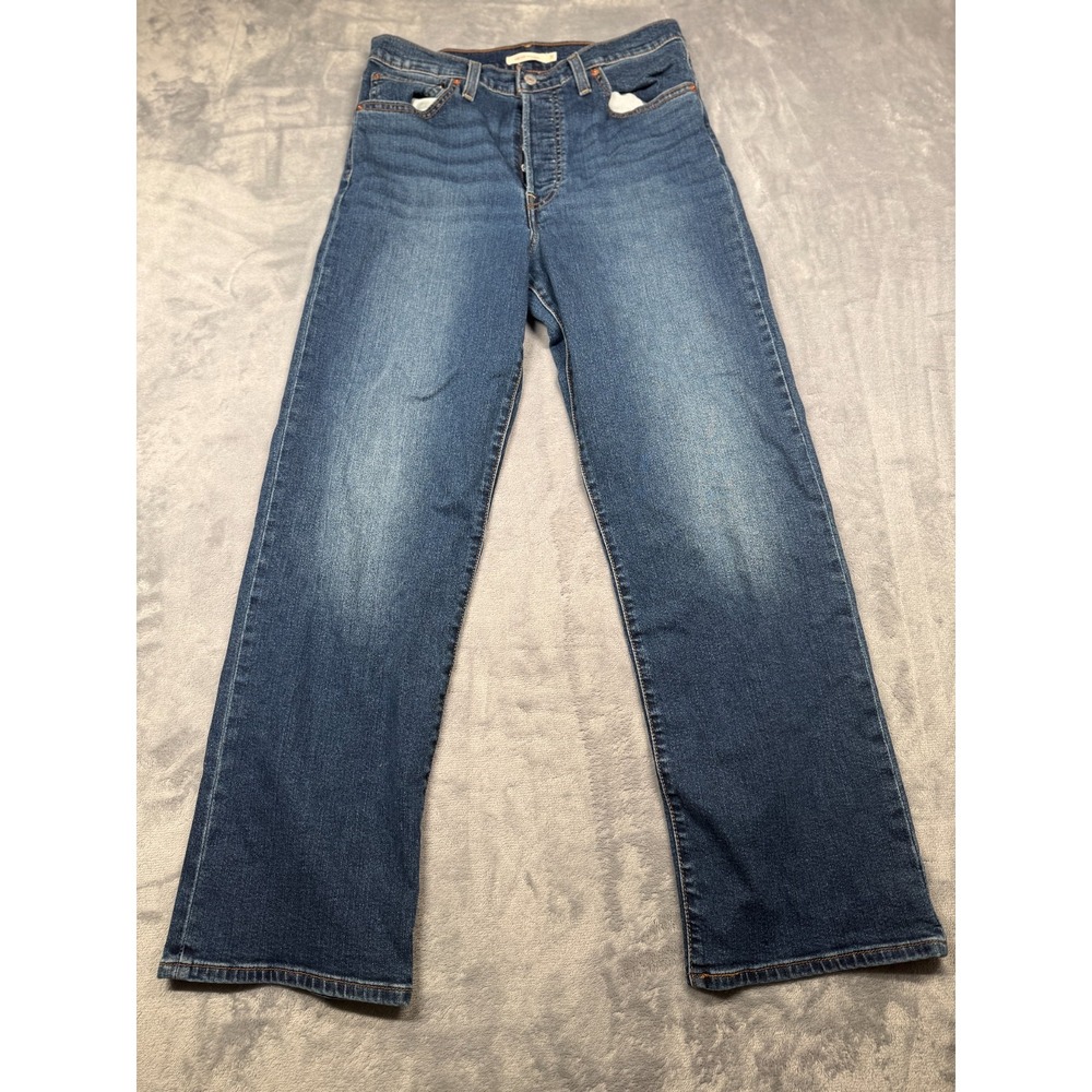 Levis Ribcage Straight Jeans Womens 31 Blue Denim Stretch Button Fly High Rise